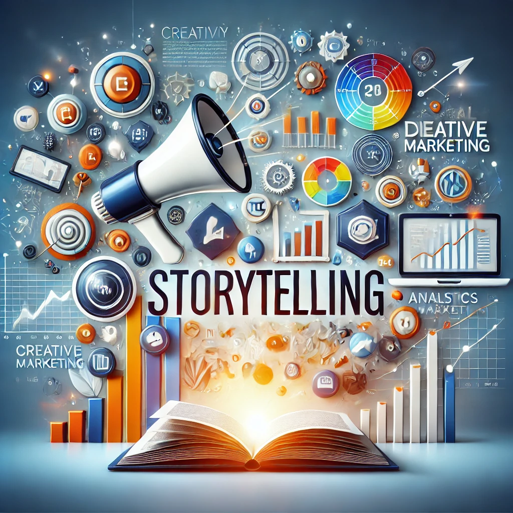 Storytelling im Marketing - A visually striking image that represents storytelling in marketing. The design includes a blend of creative icons like a megaphone, book, and digital graphics