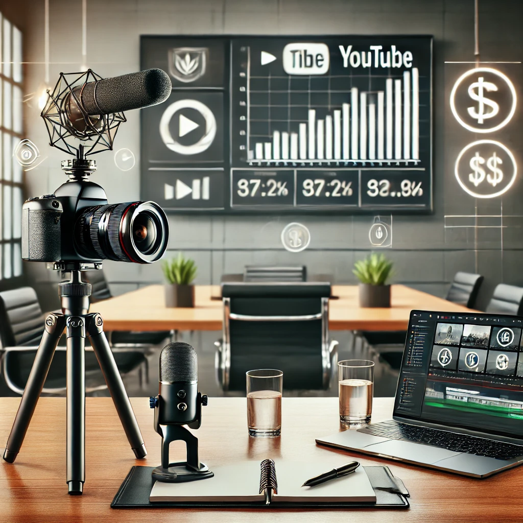 Was kostet ein YouTube-Kanal für Unternehmen? 16 Was kostet ein Youtube-Kanal für Unternehmen - A professional office setting with modern tech equipment symbolizing video production costs, including a camera, microphone, tripod, and editing software etc.