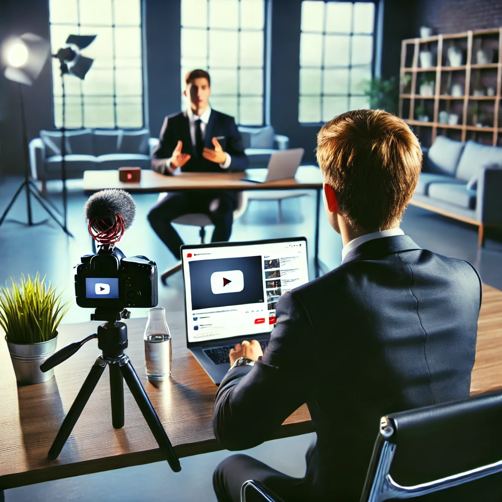 YouTube-Marketing für Unternehmen: Wie du mit Videos neue Kunden gewinnst 13 Youtube Marketing für Unternehmen. A professional, modern office setting with a person in business attire sitting at a desk, recording a YouTube video for their business. The person is surrounded by a camera, microphone, and laptop, showing a YouTube channel interface on the screen. The atmosphere is clean and contemporary, with a focus on digital marketing and online video content creation. The setting should communicate a sense of professionalism and the power of YouTube marketing for businesses.