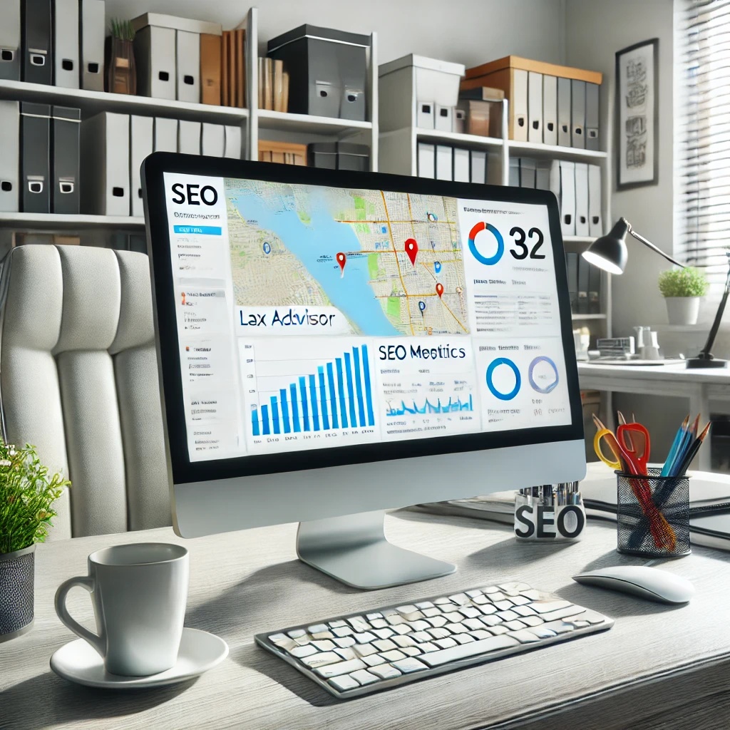 10 Praktische Lokale SEO-Tipps für kleine Unternehmen 18 lokale seo-tipps - An image showing a professional, modern office setting of a local tax advisor. The scene includes a desktop computer displaying an analytical dashboard and graphics.